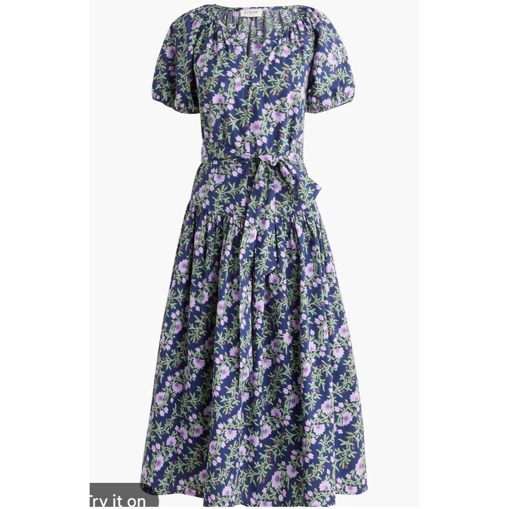 J.Crew Floral Cotton Tie Basque Waist Midi Dress Floral Puff Sleeve Jcrew Size 8